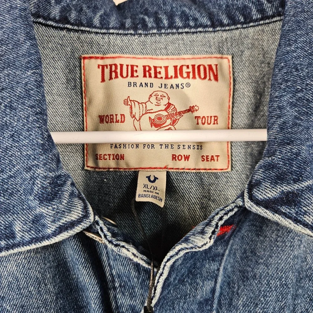 True Religion Mens Denim Jacket Medium Blue Quartz Wash Buddha Print 701133 XL